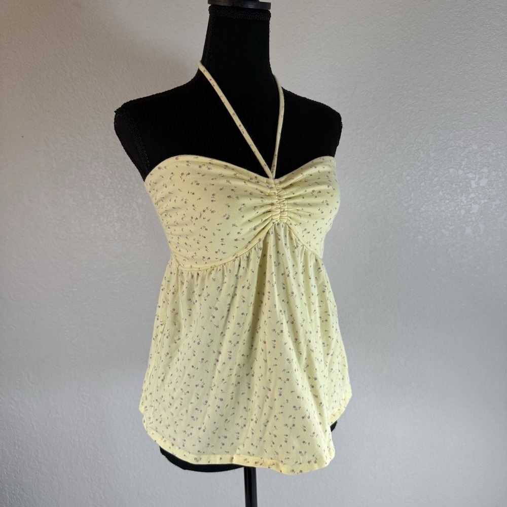 Hollister Women's Floral Strapless Cinched Babydoll Top Yellow Size L Coquette